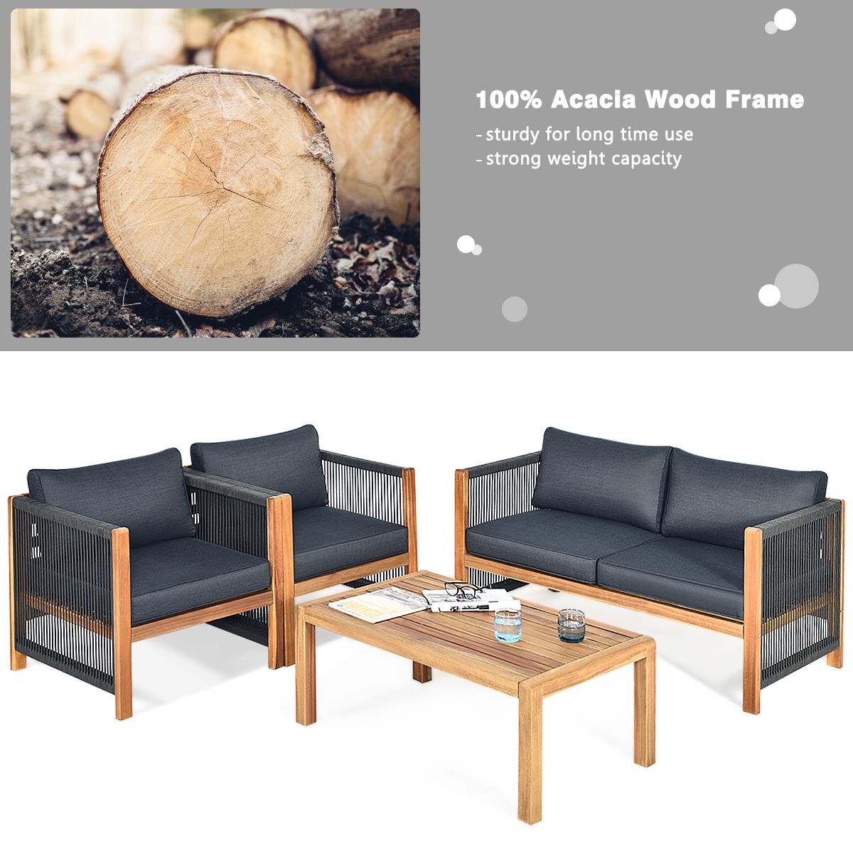 4PCS Acacia Wood Garden Patio Furniture Set Cushioned Sofa W/Nylon Rope Armrest