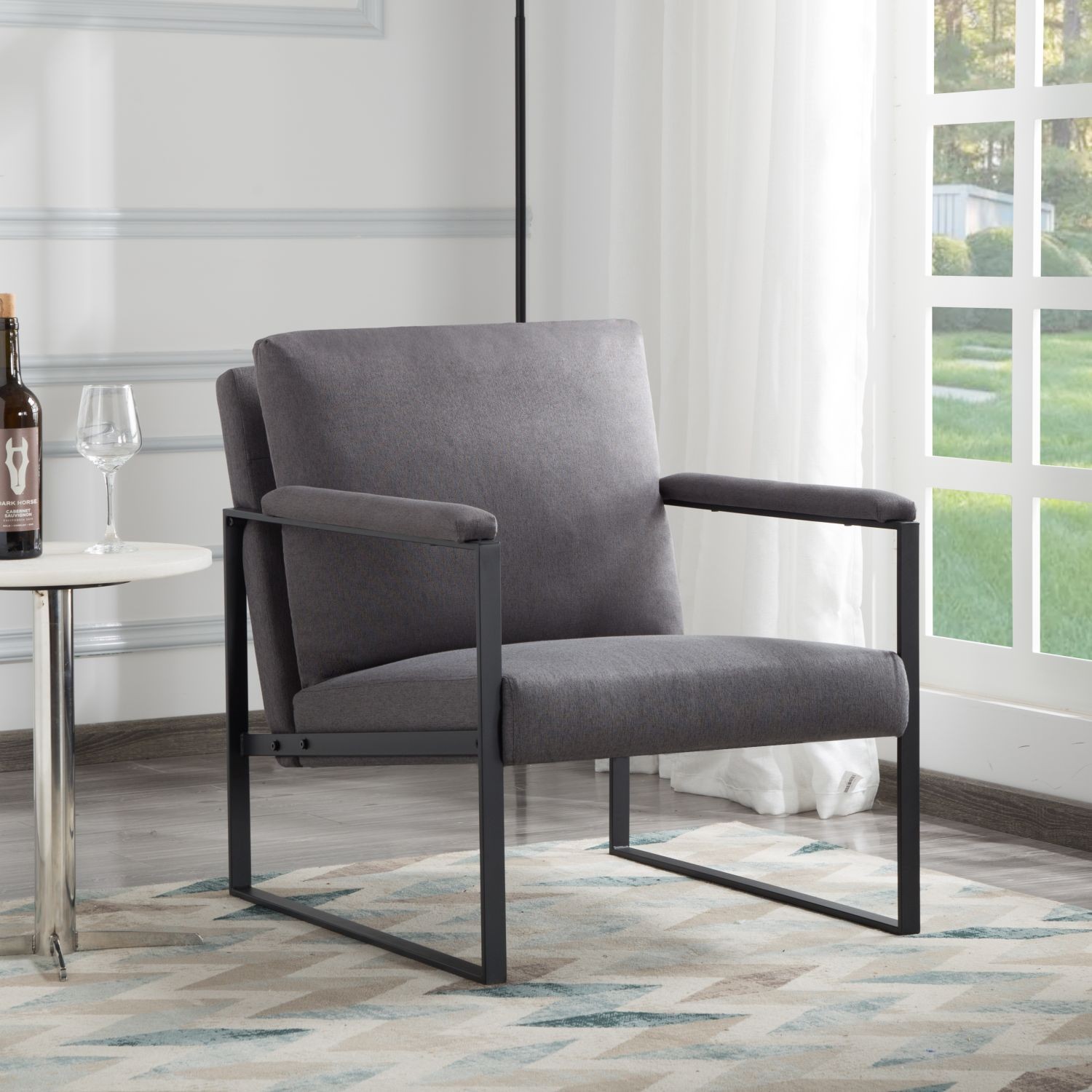 Modern Metal Frame Accent Armchair Linen Blend/Velvet Square Arm Removable Back