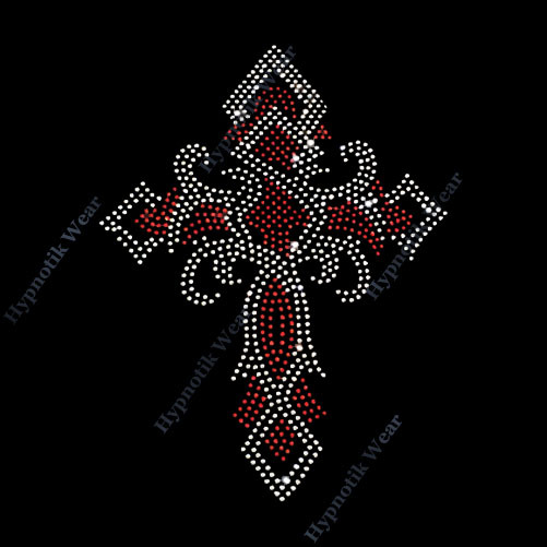 Rhinestone Transfer " Twisted Red Cross " Iron On, Hotfix, Religious