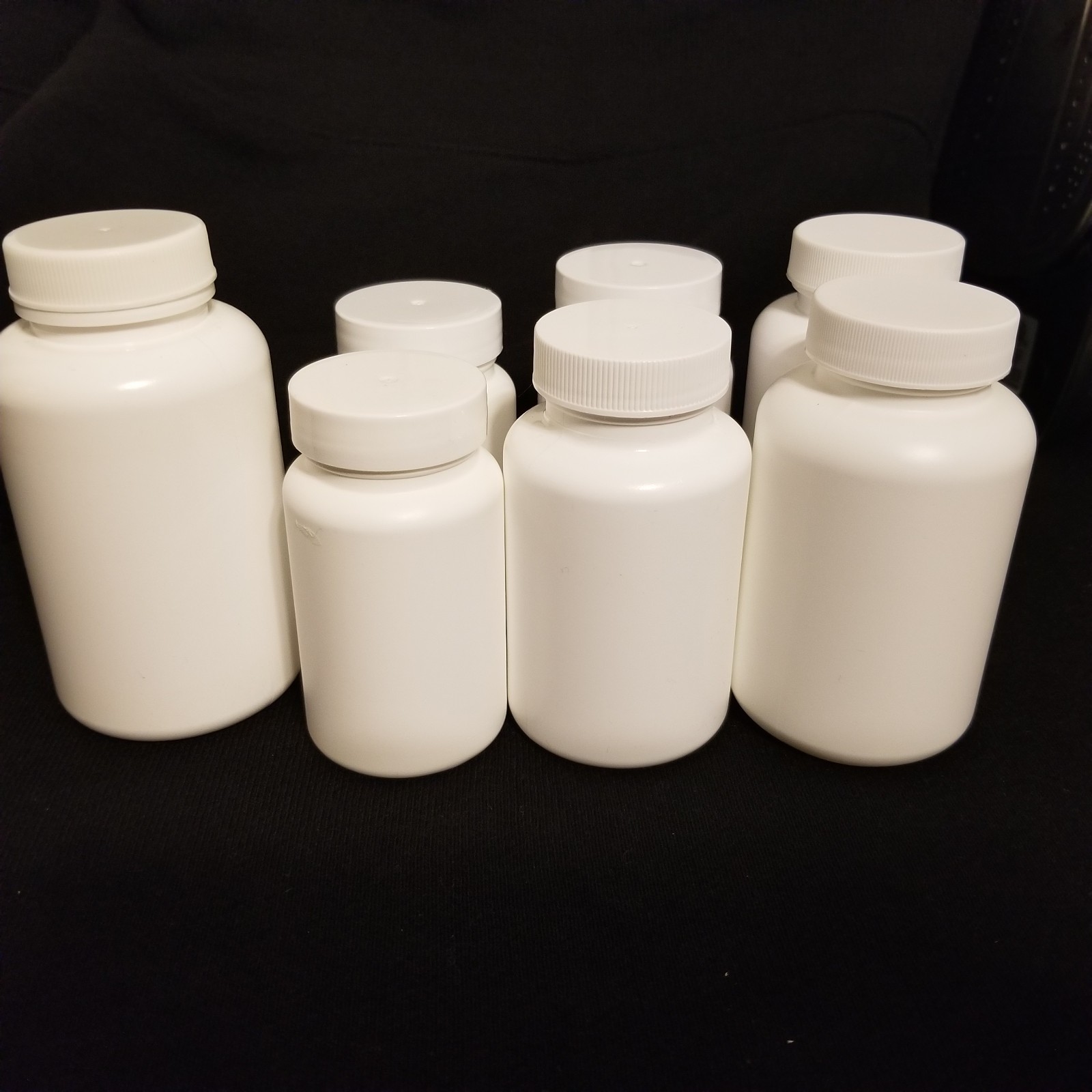 7 White Plastic Bottles w/Lids 4 sizes see Photos/Description Clean Ready to Use