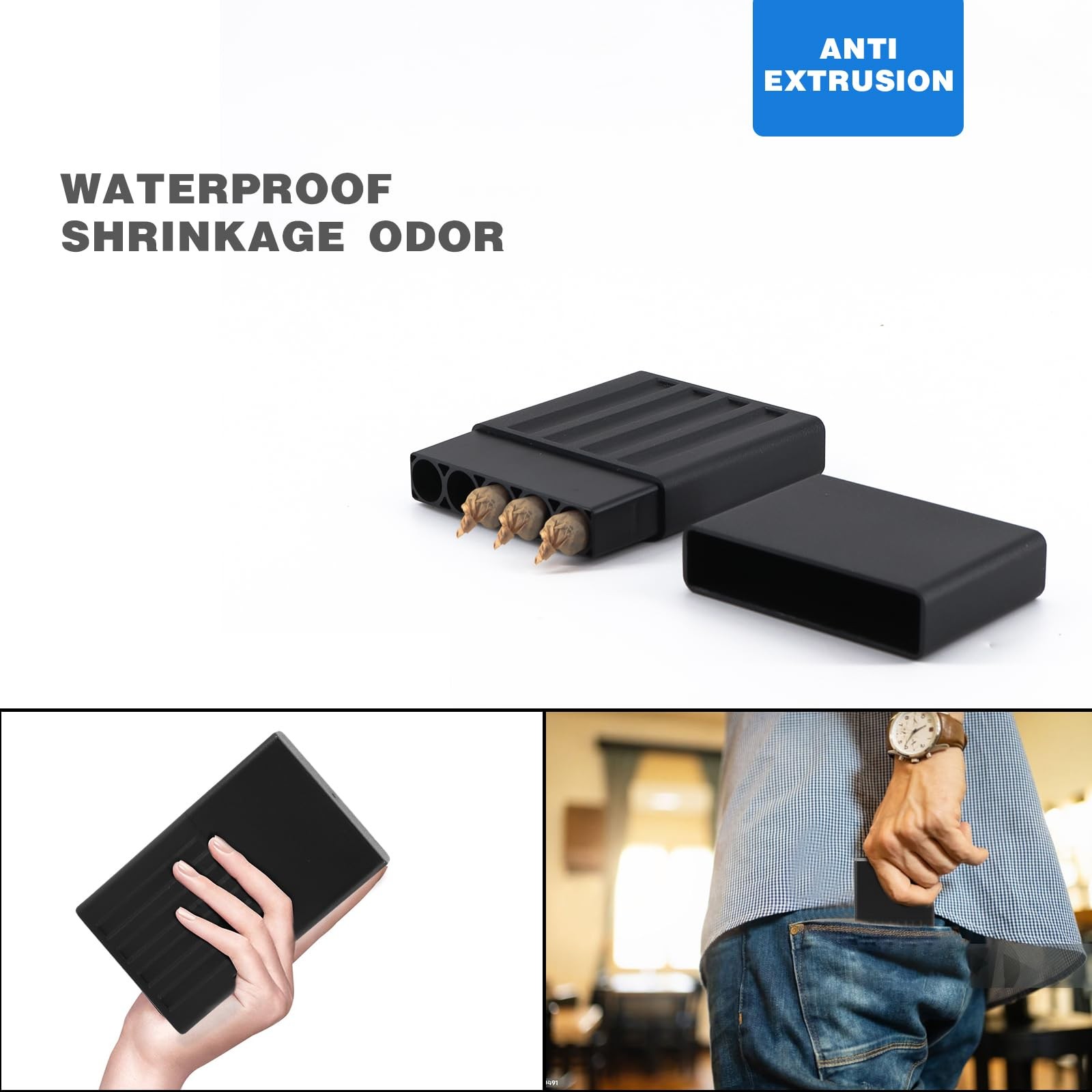 Smell Proof Cigarette Holder Case, 5 Hole Single Pre Roll Black