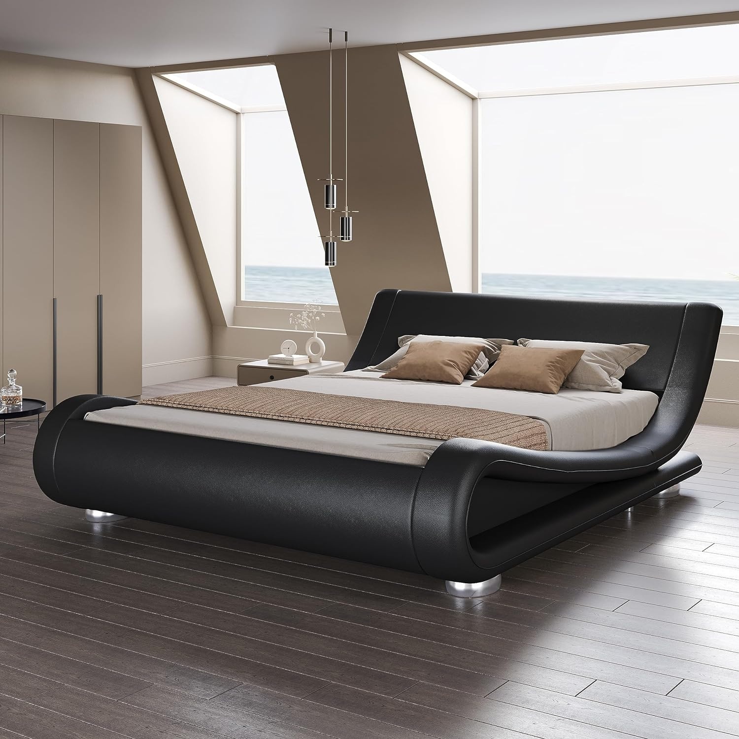 SHA CERLIN Queen Size Upholstered Bed Frame, Deluxe Low Profile Sleigh Bed with