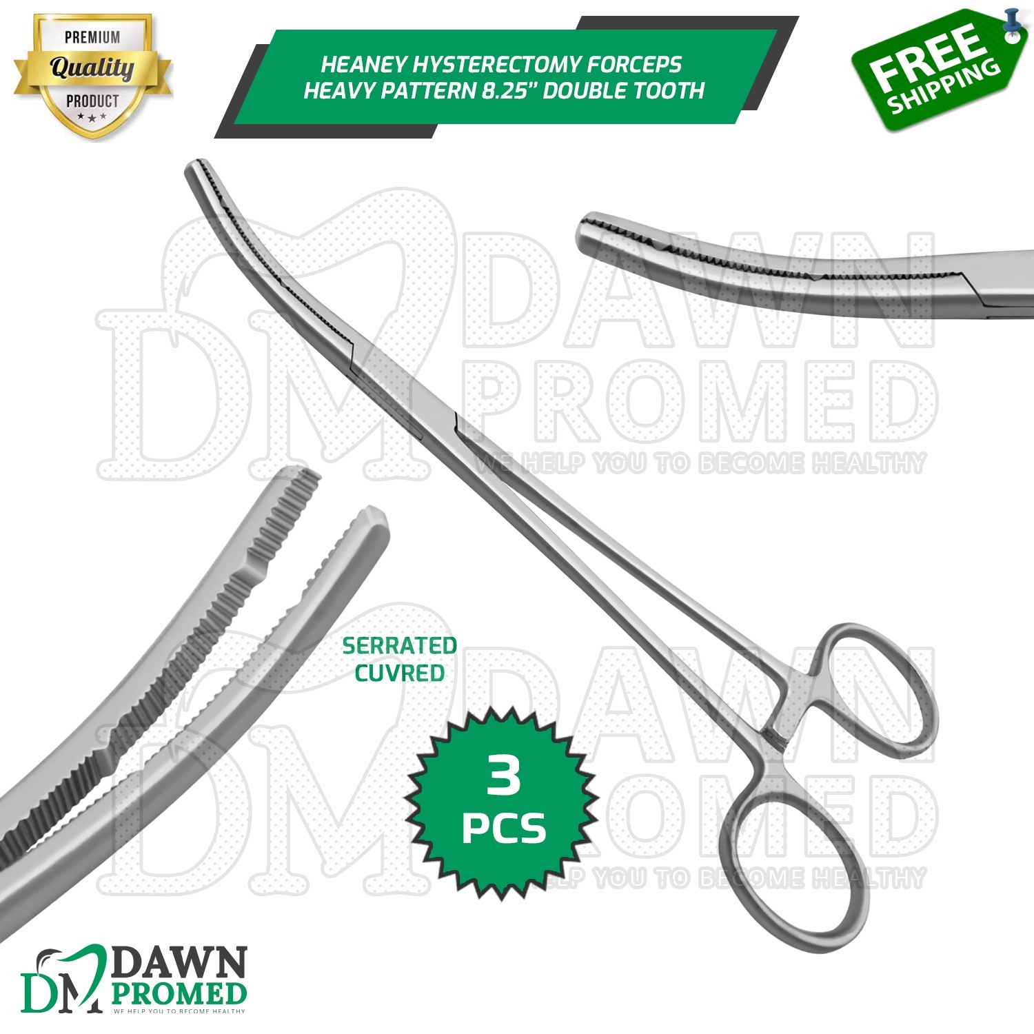 3 Heaney Hysterectomy Forceps Curved 8.5" Double Tooth OB/GYN Inst German Grade