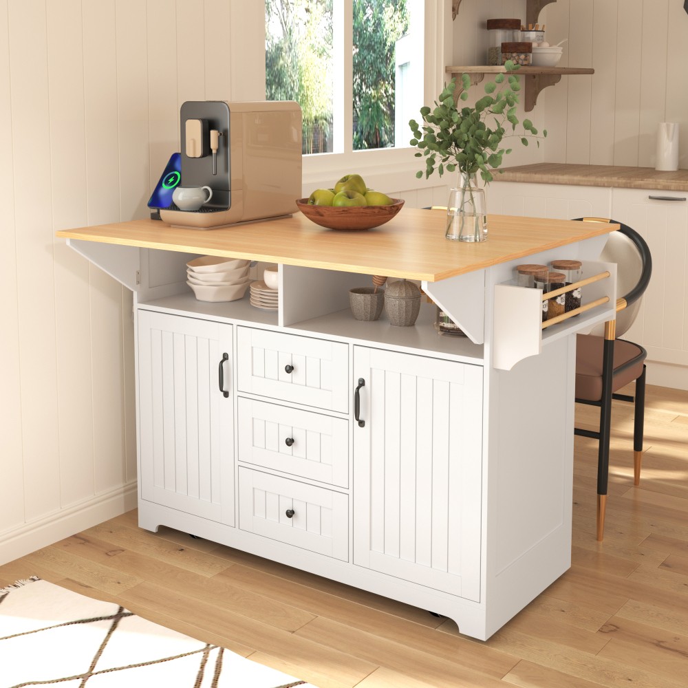 Large Kitchen Island with 2 Drop Leaf Rolling Kitchen Cart Storage Dining Table