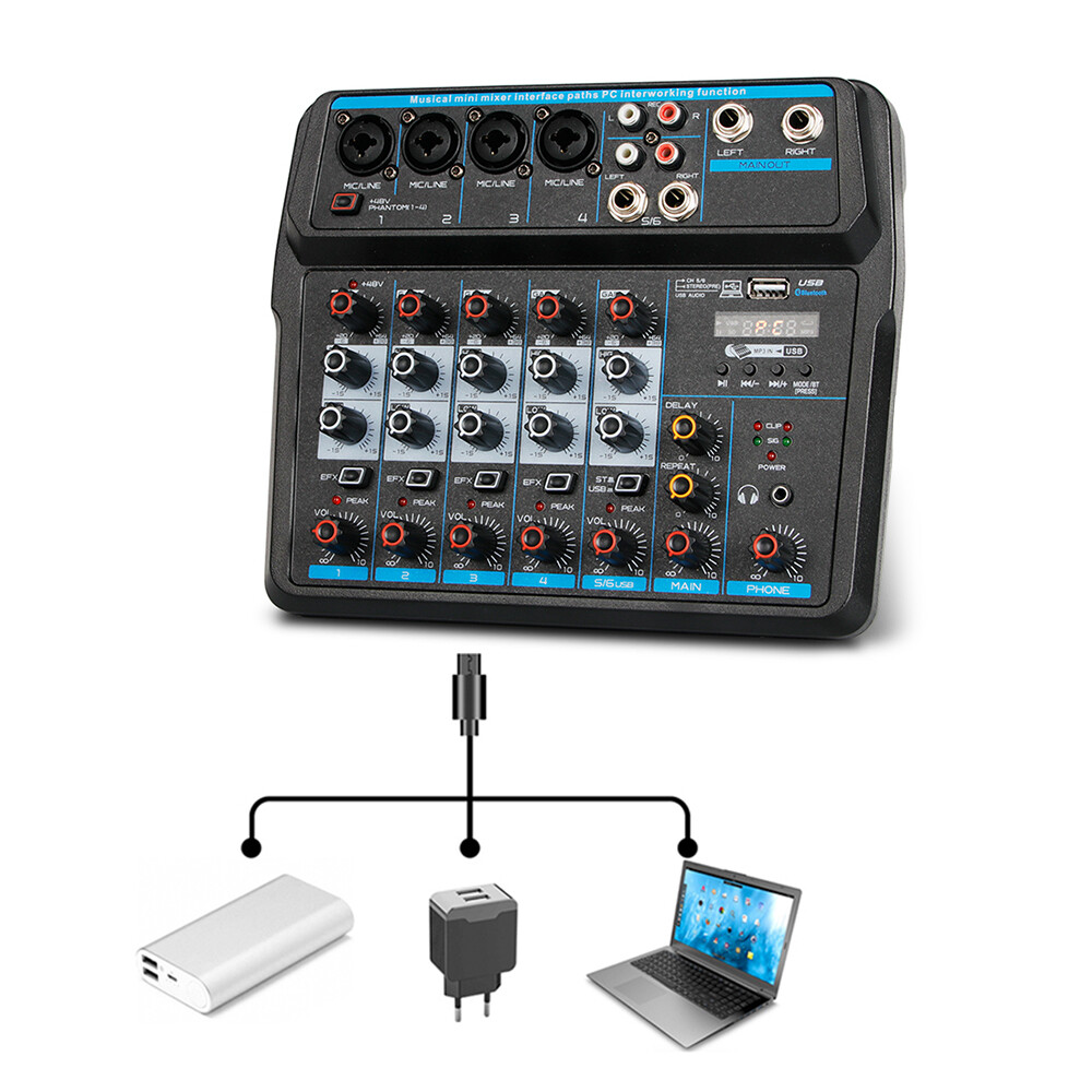 6Channel Live Audio Mixer Bluetooth USB DJ Sound Mixing Console Amplifier Studio