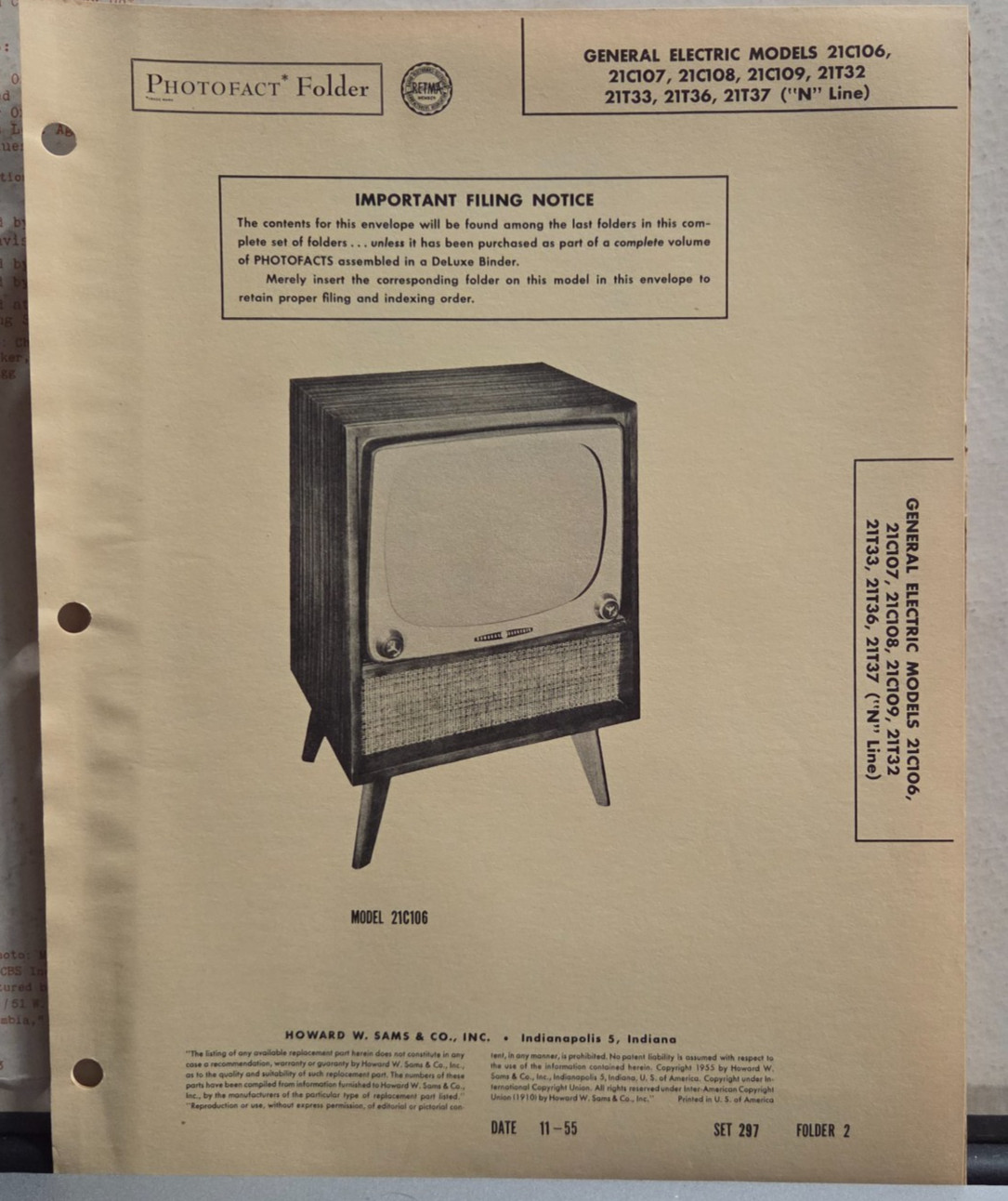SAMS TELEVISION SERVICE MANUAL 297-2 GENERAL ELECTRIC 21C106 21C107 21C108 N
