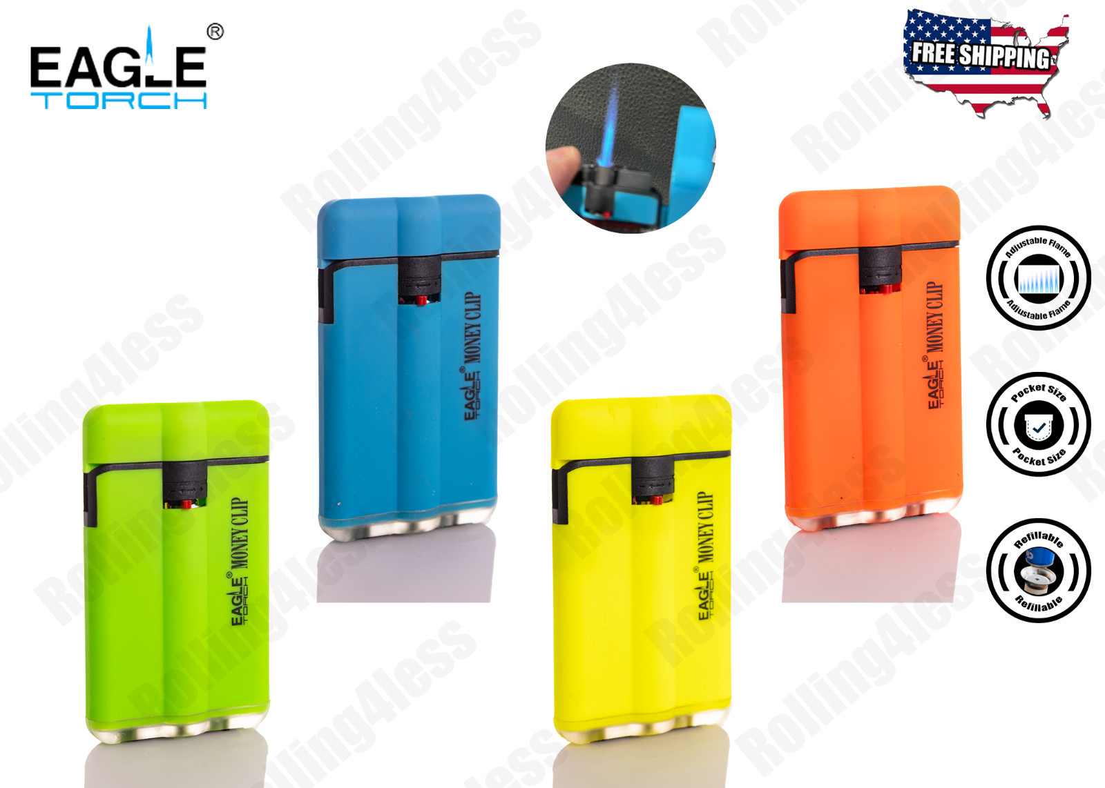 4 Pack Eagle Torch Neon Color Ultra Slim Butane Refillable Torch Lighter