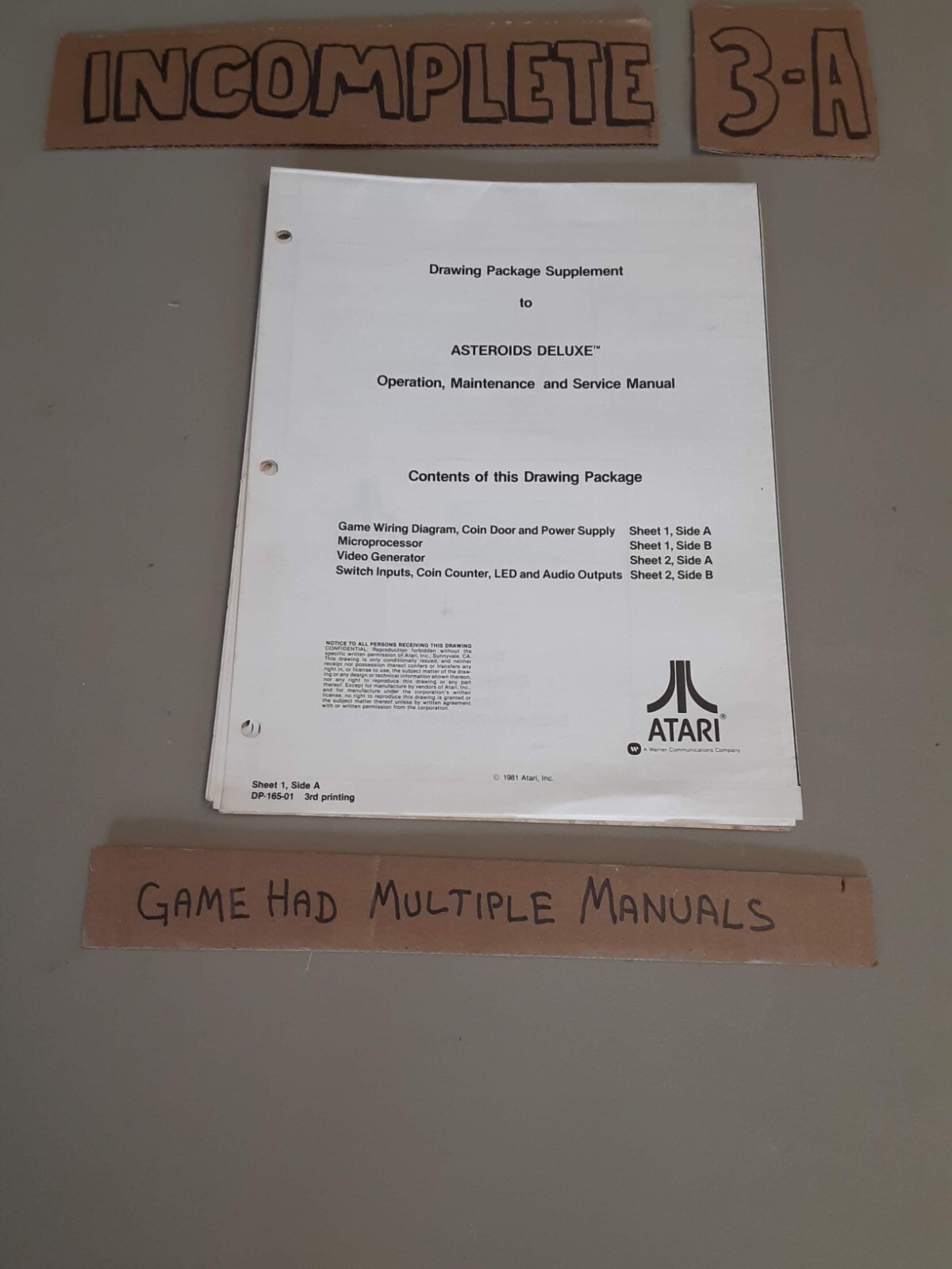 Original Arcade Manual: ASTROIDS DELUXE - DRAW PKG SUPP -ATARI - 1981-Free SHIP