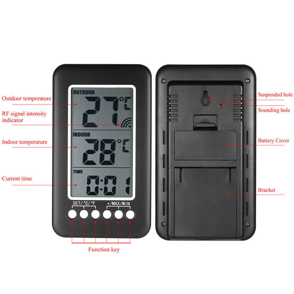 Wireless LCD Digital Thermometer Clock Indoor/Outdoor ℃/℉ Temperature Meter