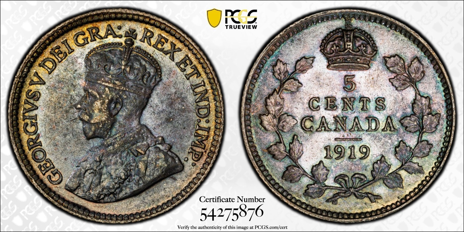1919 Canada 5 Cents   PCGS MS 63   Beautiful Toning