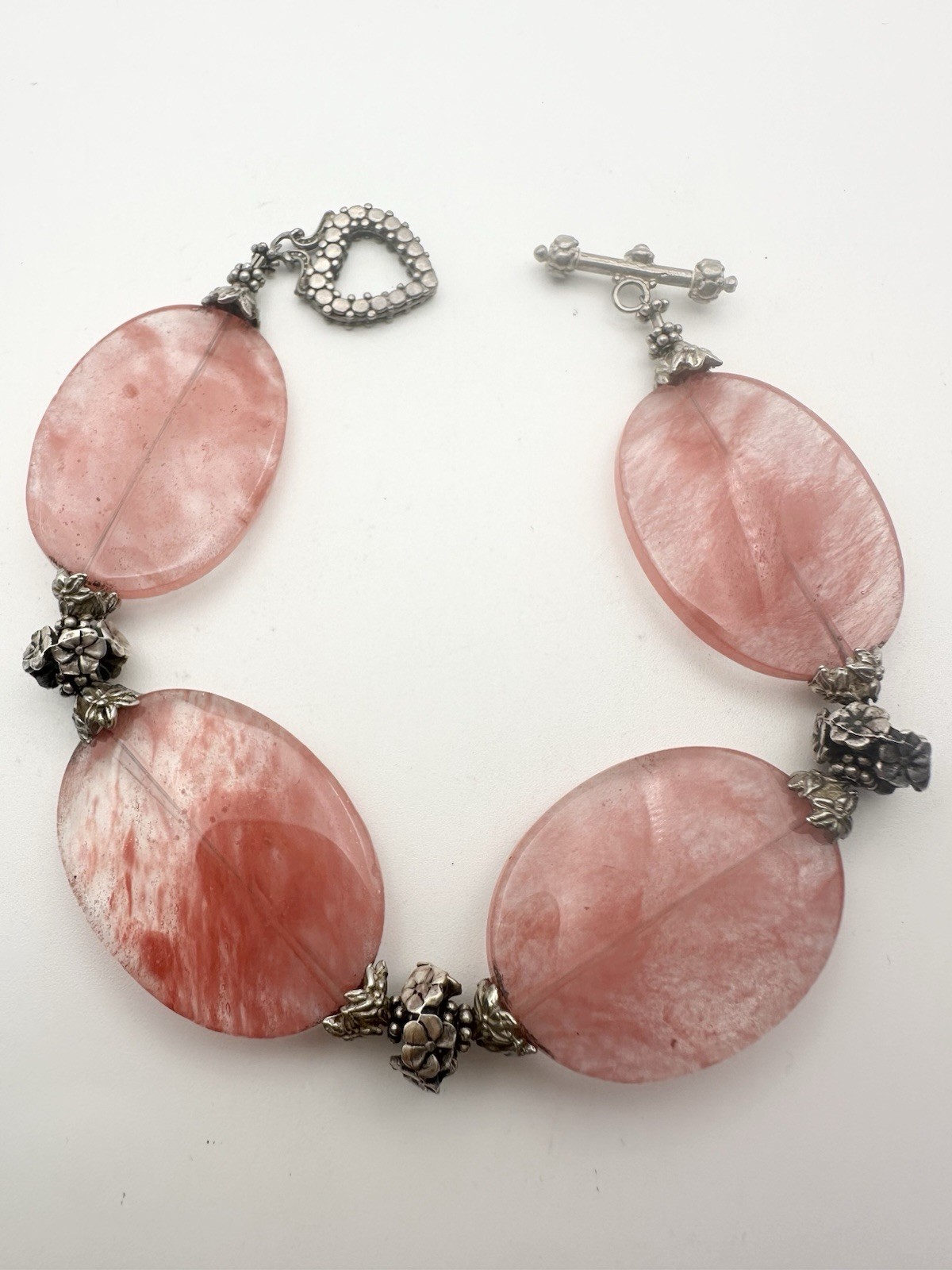 Artisan Rose Cherry Quartz Floral Toggle Bracelet 8.5”