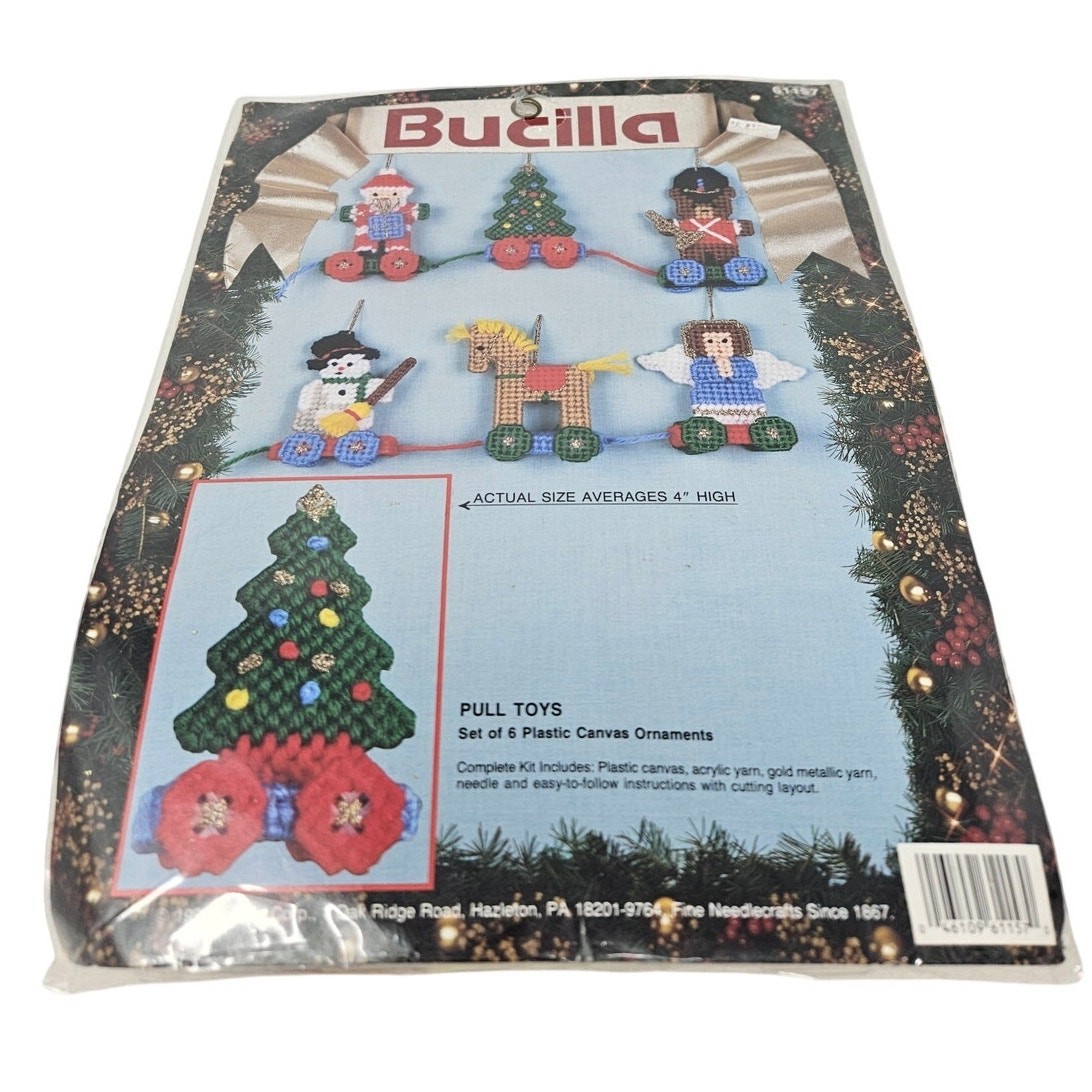 Vintage Bucilla Christmas Pull Toys 4 Plastic Needle Work Ornaments Holiday