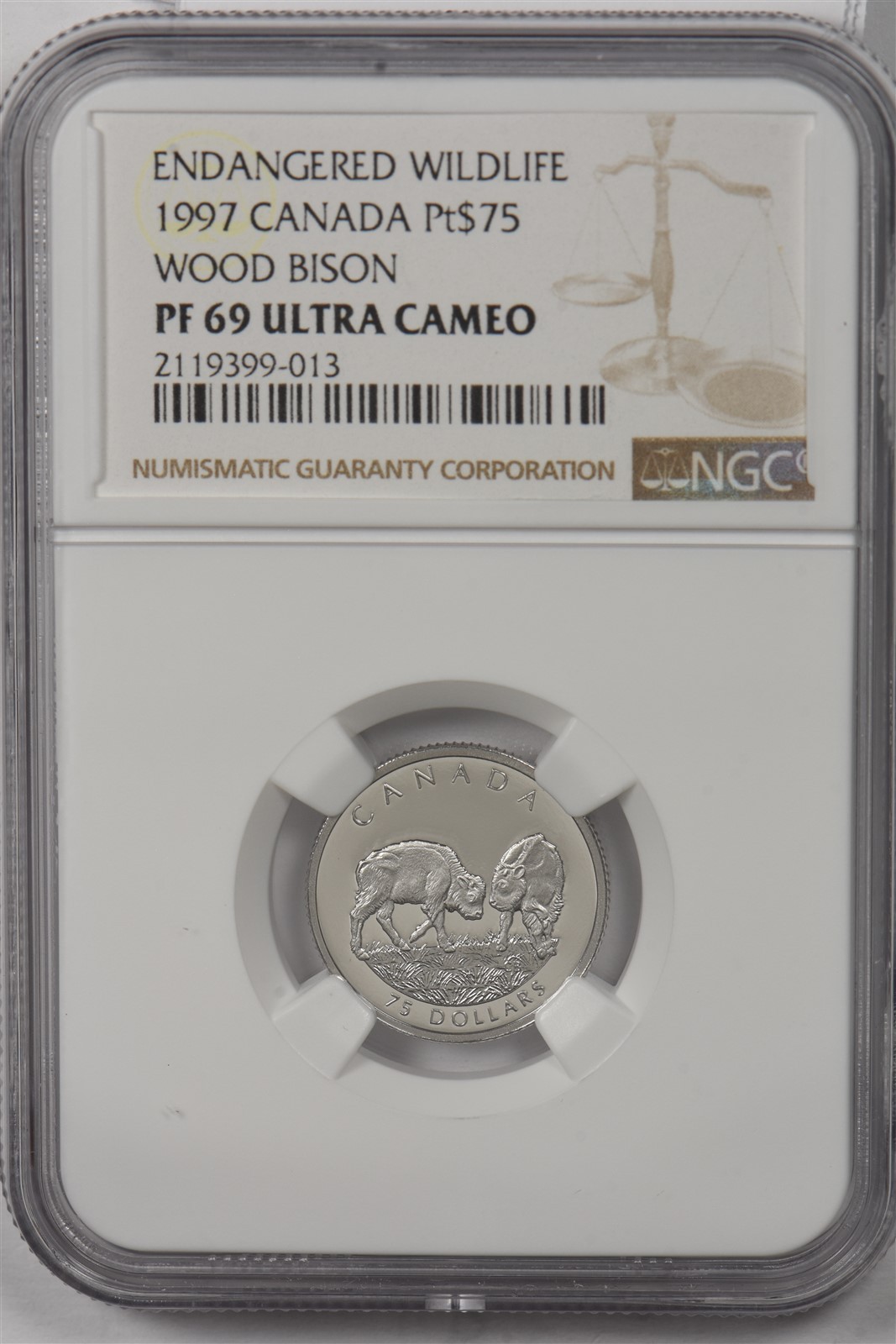 Canada 1997 $75 platinum NGC Proof 69UC Wood bison. 0.25oz platinum. 1500 minted