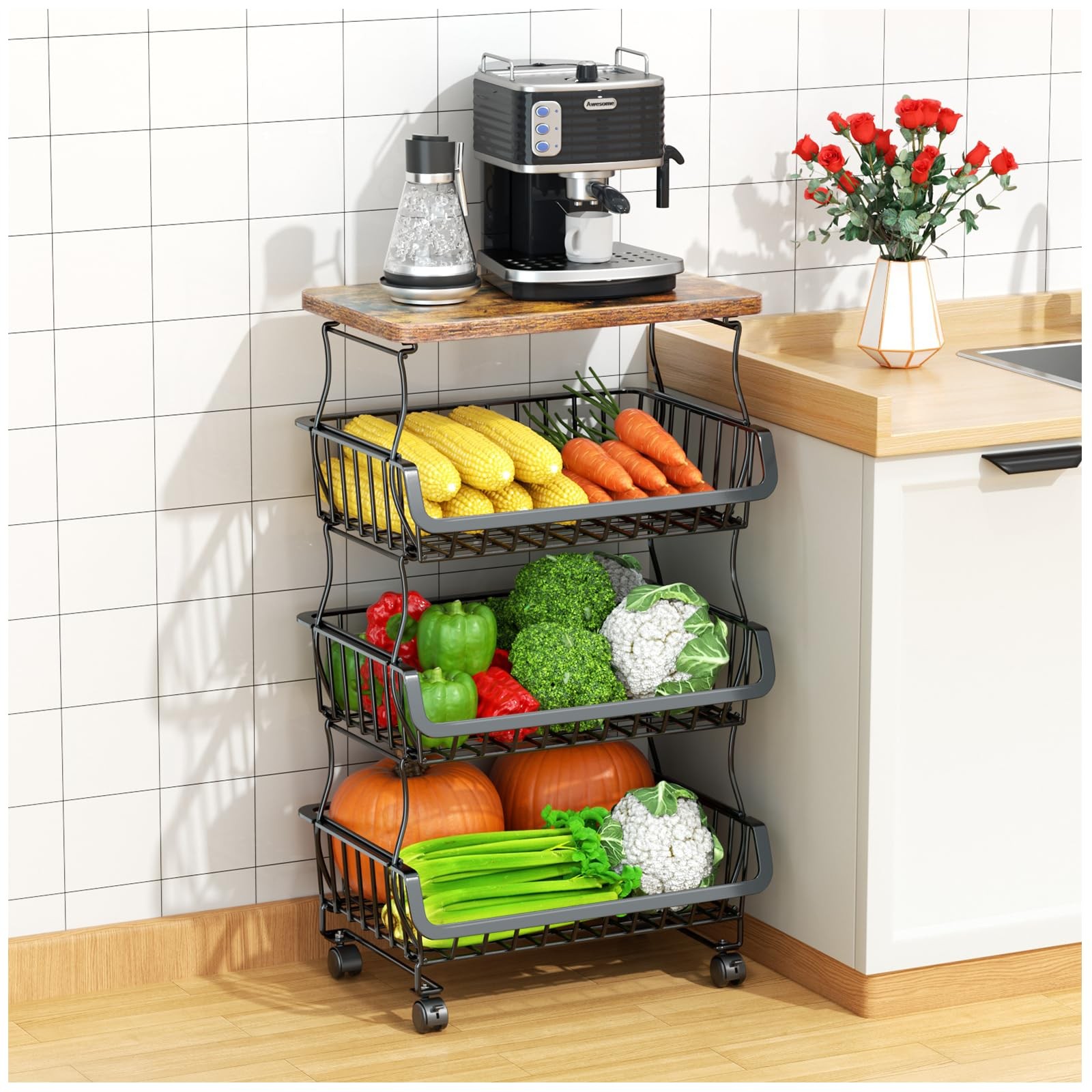 4 Tier Stackable Metal Wire Storage Basket Cart w/ Wheels