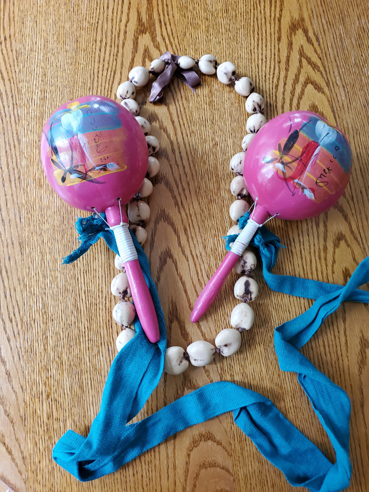 Vtg Mexican Maracas Hand Painted Gourd Wooden Percussion Shakers Luau 3 pc set