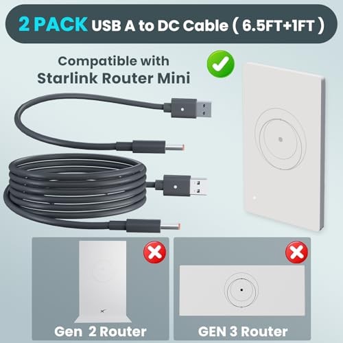 Starlink Router Mini Power Cable - 2 Pack (1 FT + 6.5FT) to DC Cable for USB-A