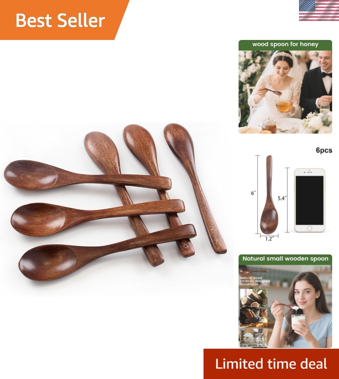 Crafted Wooden Spoons Set of 6 - 6-Inch Multi-Use Spoons for Your Kitchen