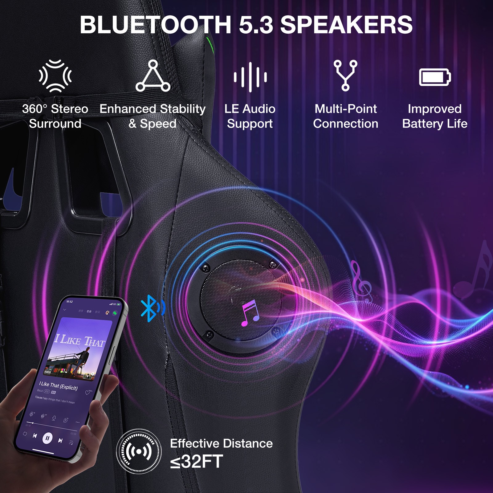 RGB Gaming Chair W/ Bluetooth Speakers Massage Ergonomic High Back W/Footrest US