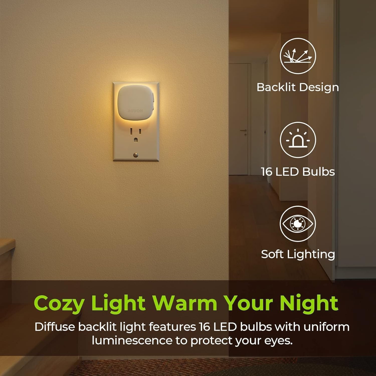 AUVON Plug-in LED Backlit Night Light with Motion Sensor & Dusk to Dawn Sensor,
