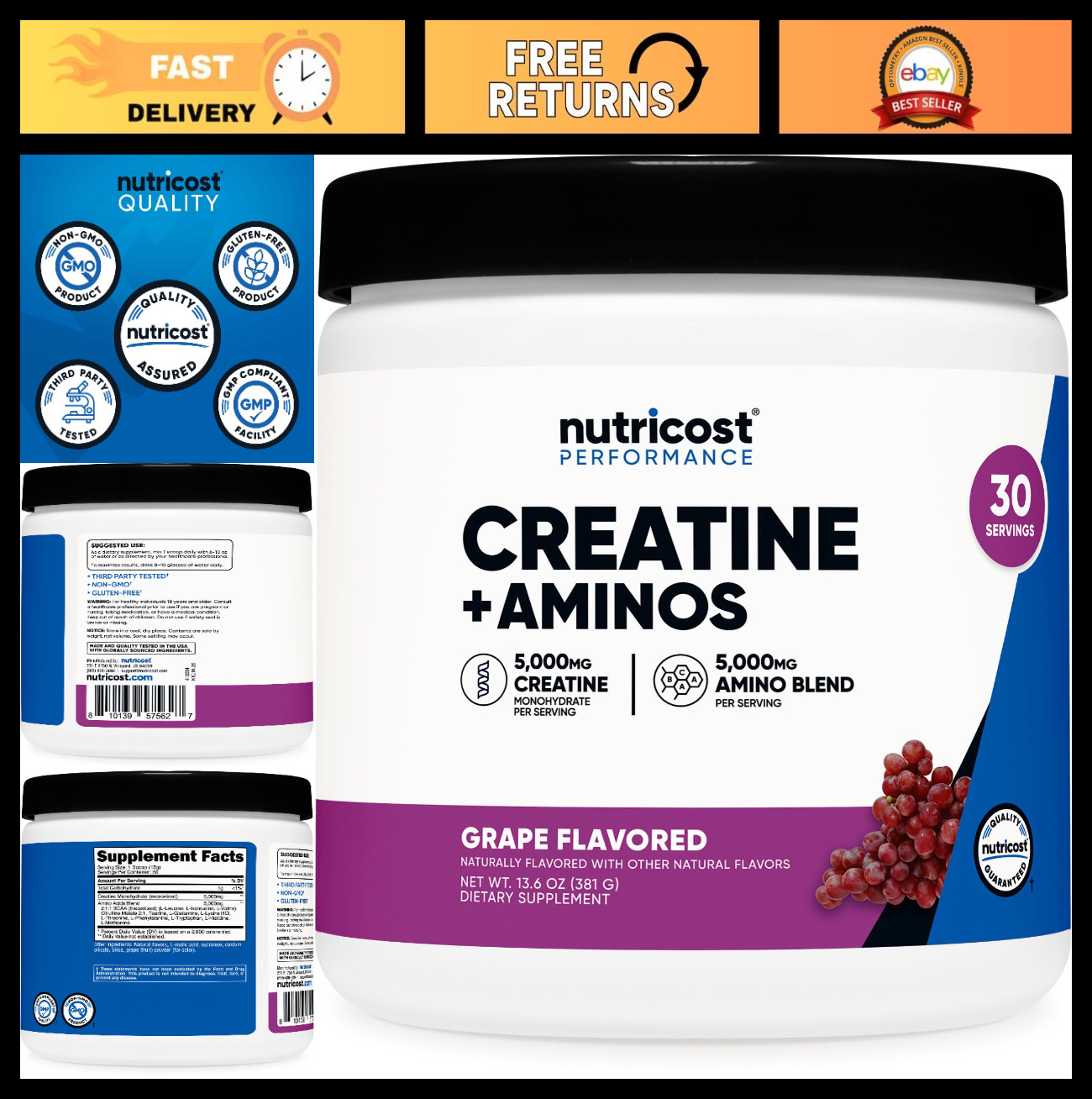 Creatine & Amino Acids Powder - Grape Flavor, 30 Servings, Gluten-Free, 5g Creat
