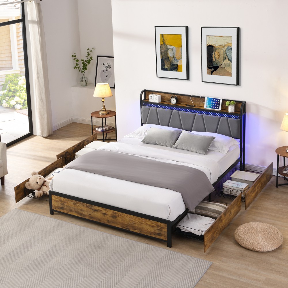 Bed Frame W Charging Station 4 Storage Drawers LED Lights