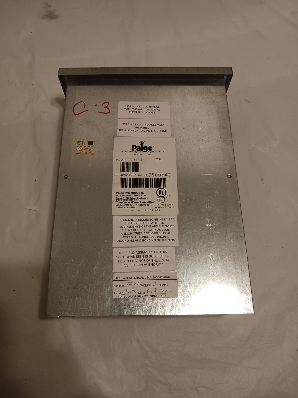 Paige Electric Class 2 LED Driver Enclosed Transformer Box 980054C New