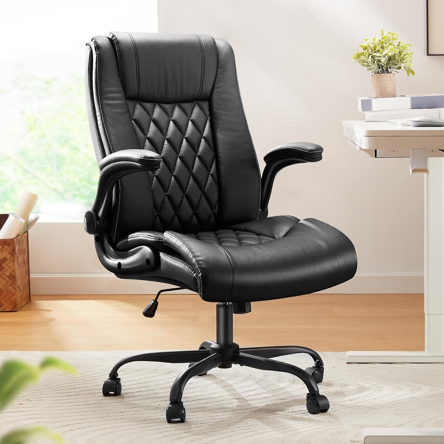 Executive Office Chair W/ Flip-up Armrests,PU Leather Ergonomic Desk Chair