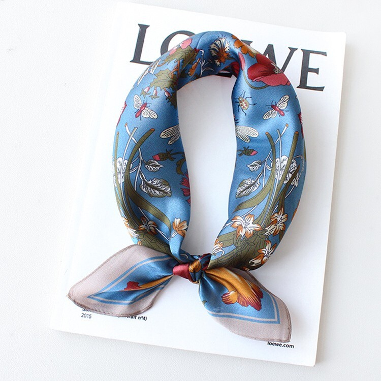 100% Silk Scarf Women Blue Flower Small Hand Neckerchief Wrap Bandana 53*53cm