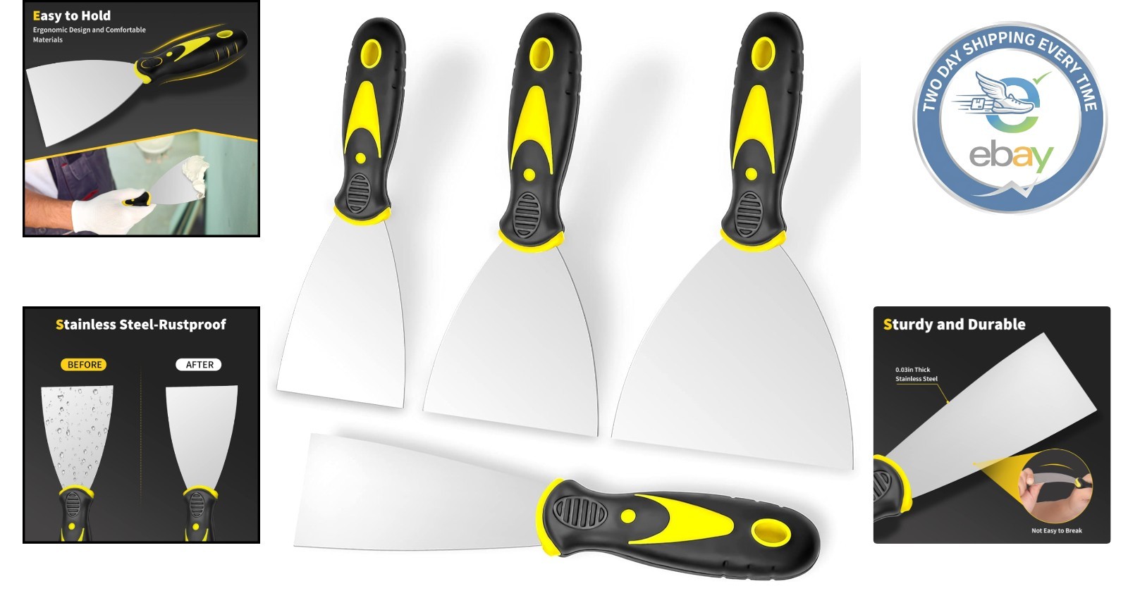Rust-Resistant Putty Knife Set: 4 Sizes for Efficient Home Improvement Projects