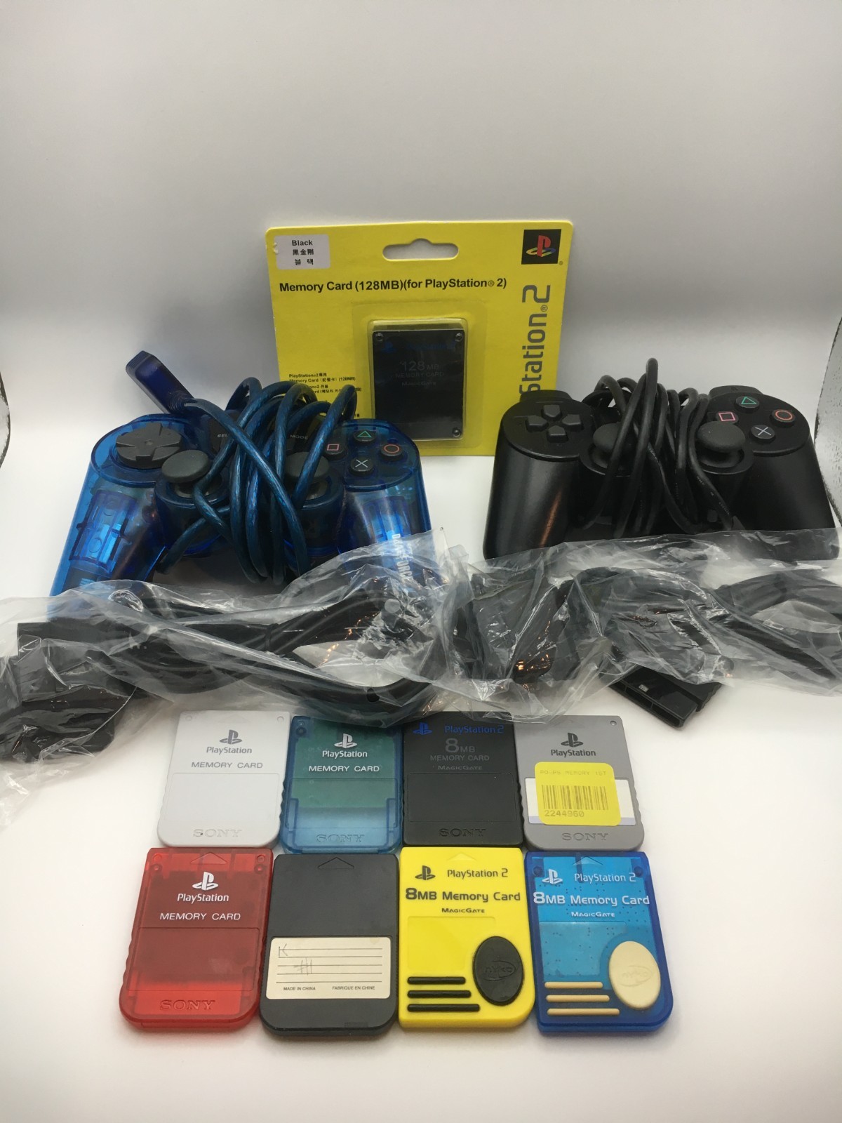 Playstation PS1 / PS2 Accessory Lot - 2 Controllers, 9 Memory Cards (Working)