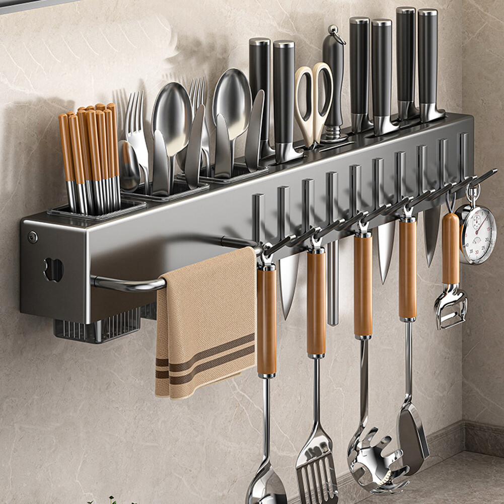 60cm Wall-mounted Kitchen Supplies Tableware Storage Stand Organizer + 8x Hooks