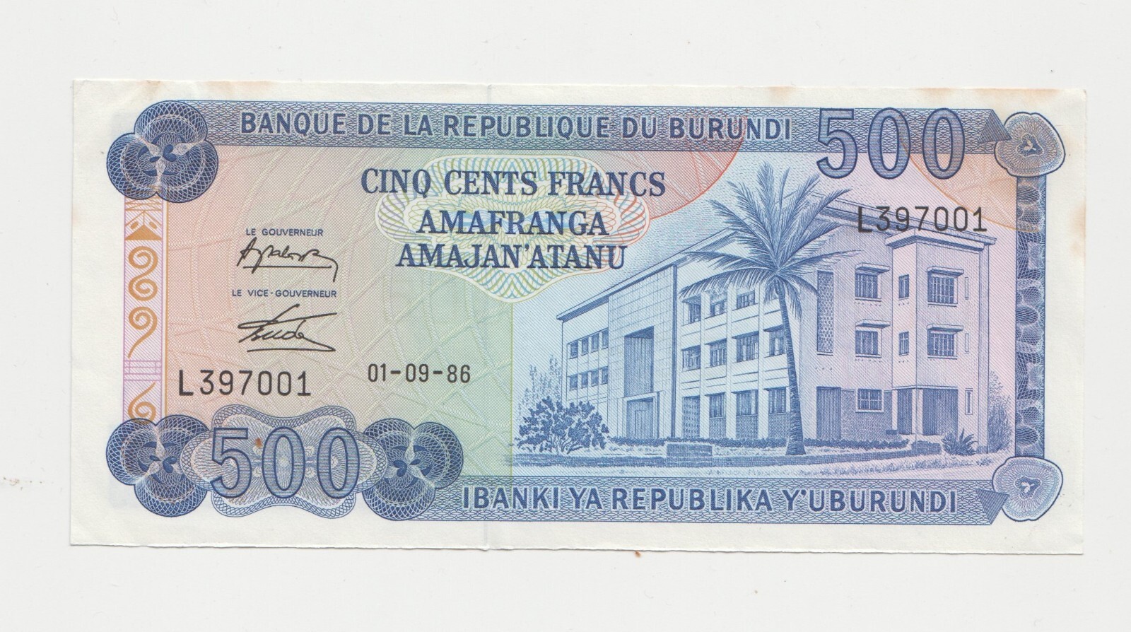 BURUNDI:  500  FRANCS,  Prefix E  1986 Series Banknote P .34  in UNC condition