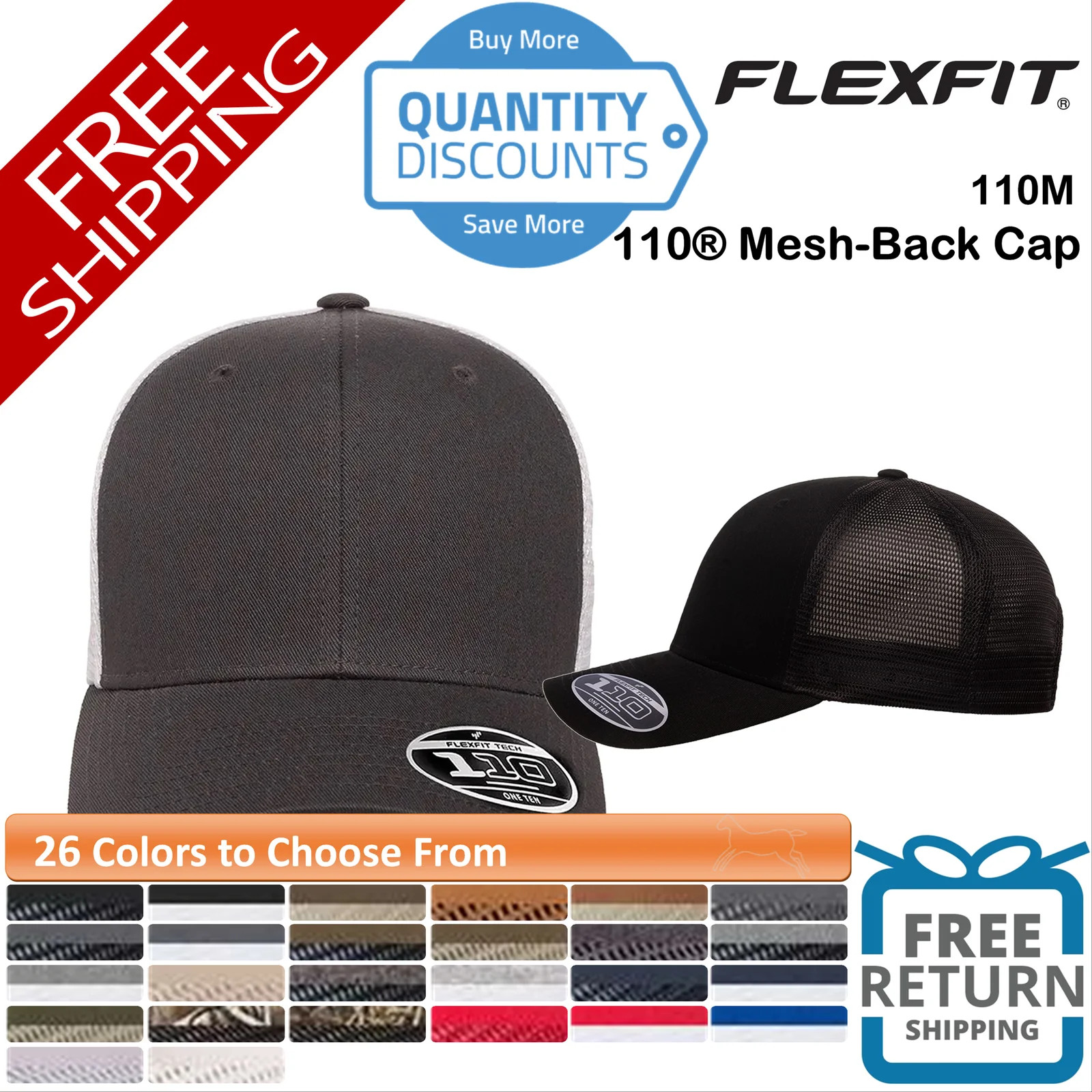 Flexfit Men 110 Structured, Six-panel, Mid-profile Mesh-back Cap Hat 110m