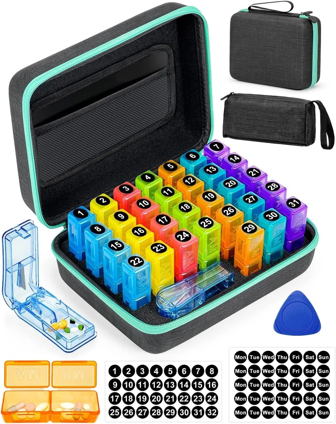 Monthly Pill Organizer 2 Times a Day, with Portable Hard 2 times a day, Black