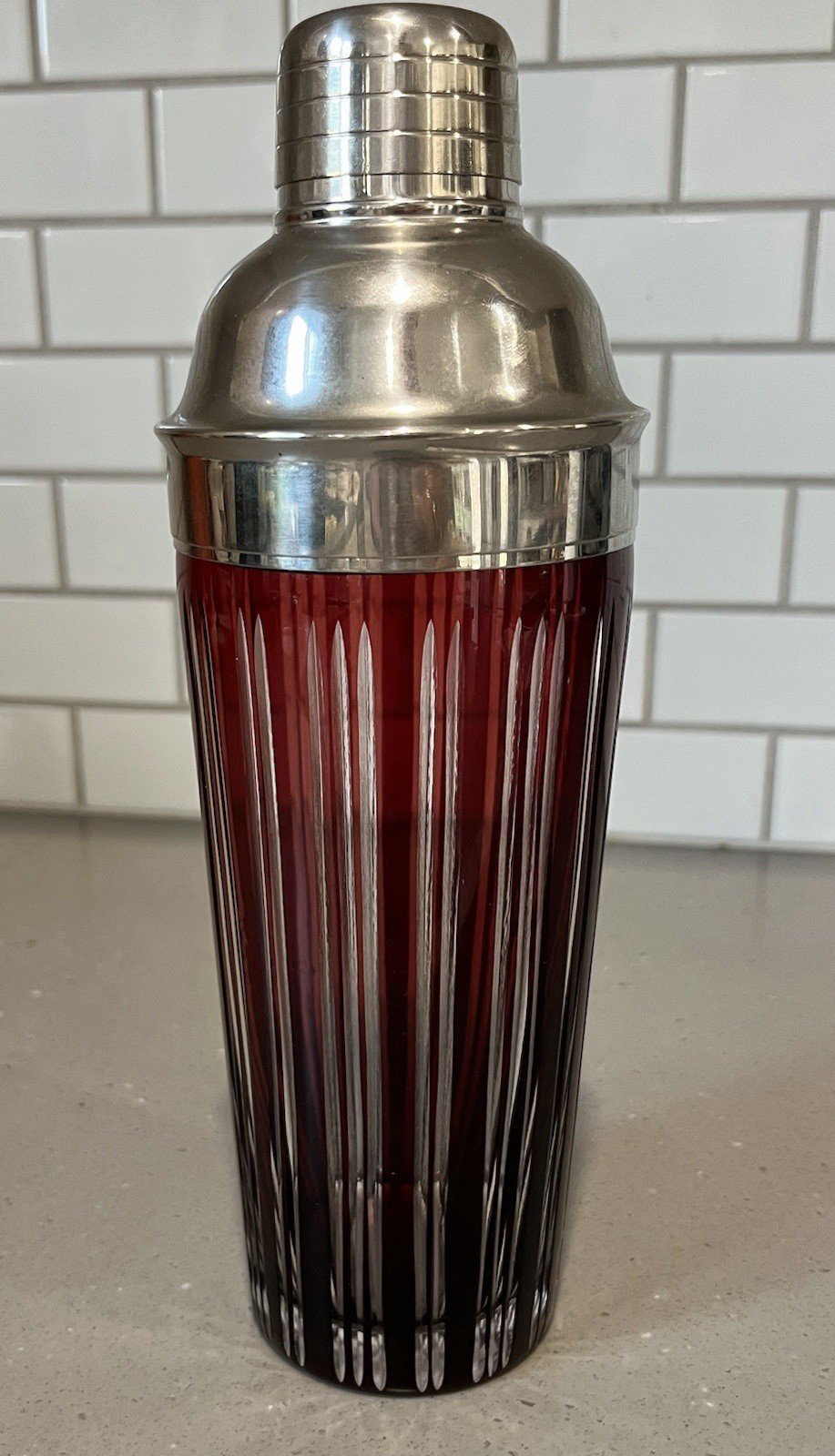 Cranberry Ruby Red Glass Cut to Clear Cocktail Shaker Chrome Striped 22 Oz Vntg