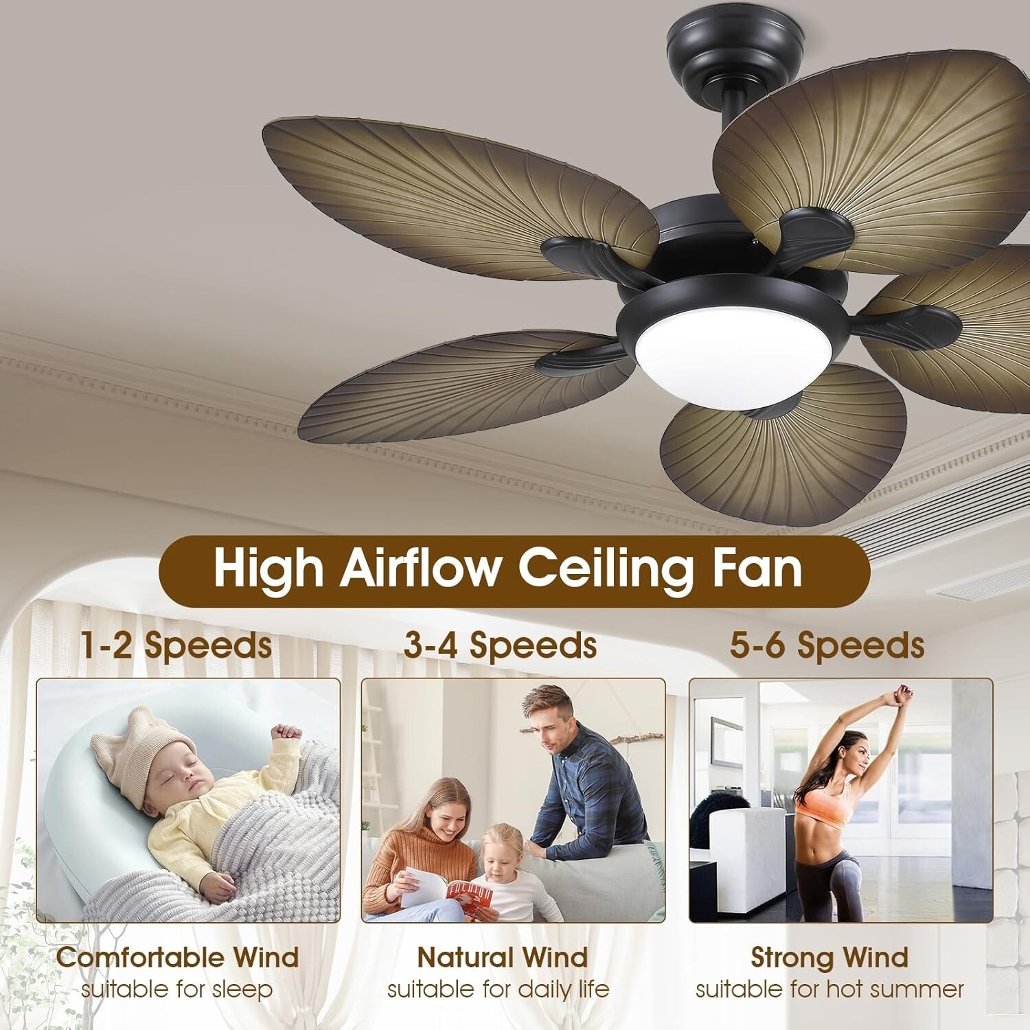44" Tropical Palm Leaf Ceiling Fan with LED Lights Remote/APP Control