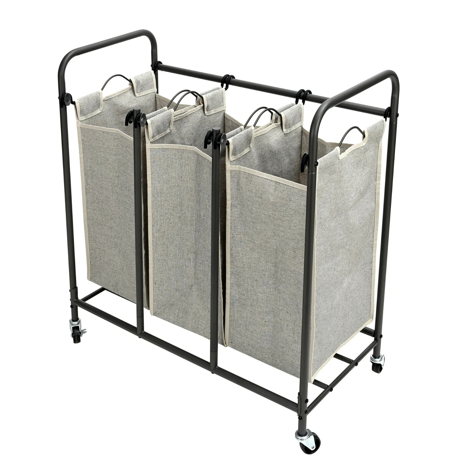 Laundry Sorter and Hamper, Metal Rolling Cart with 3 Removable Fabric Bins, Grey