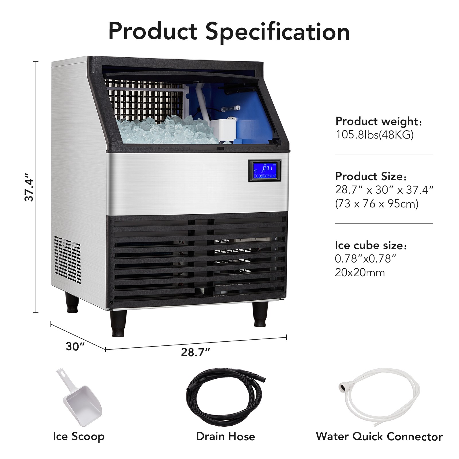 Commercial Ice Maker, Ice Maker Machine with 99lbs Storage Bin 176lbs/24 Hours