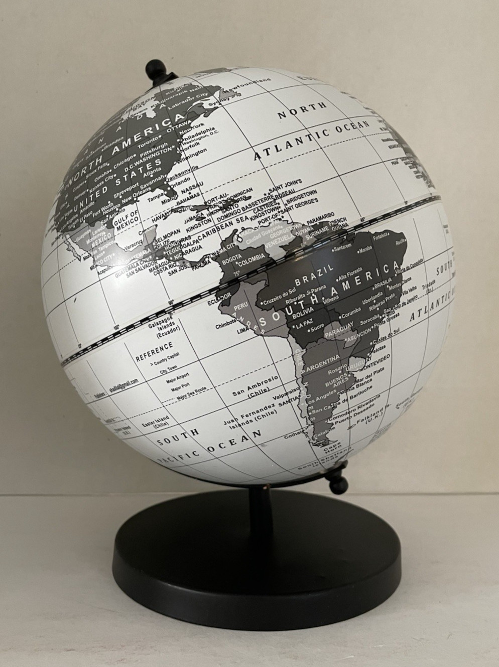 10.5" Tall,  "World Globe",  Shades of Grey  with 6" wide Black Base,   Desk Top