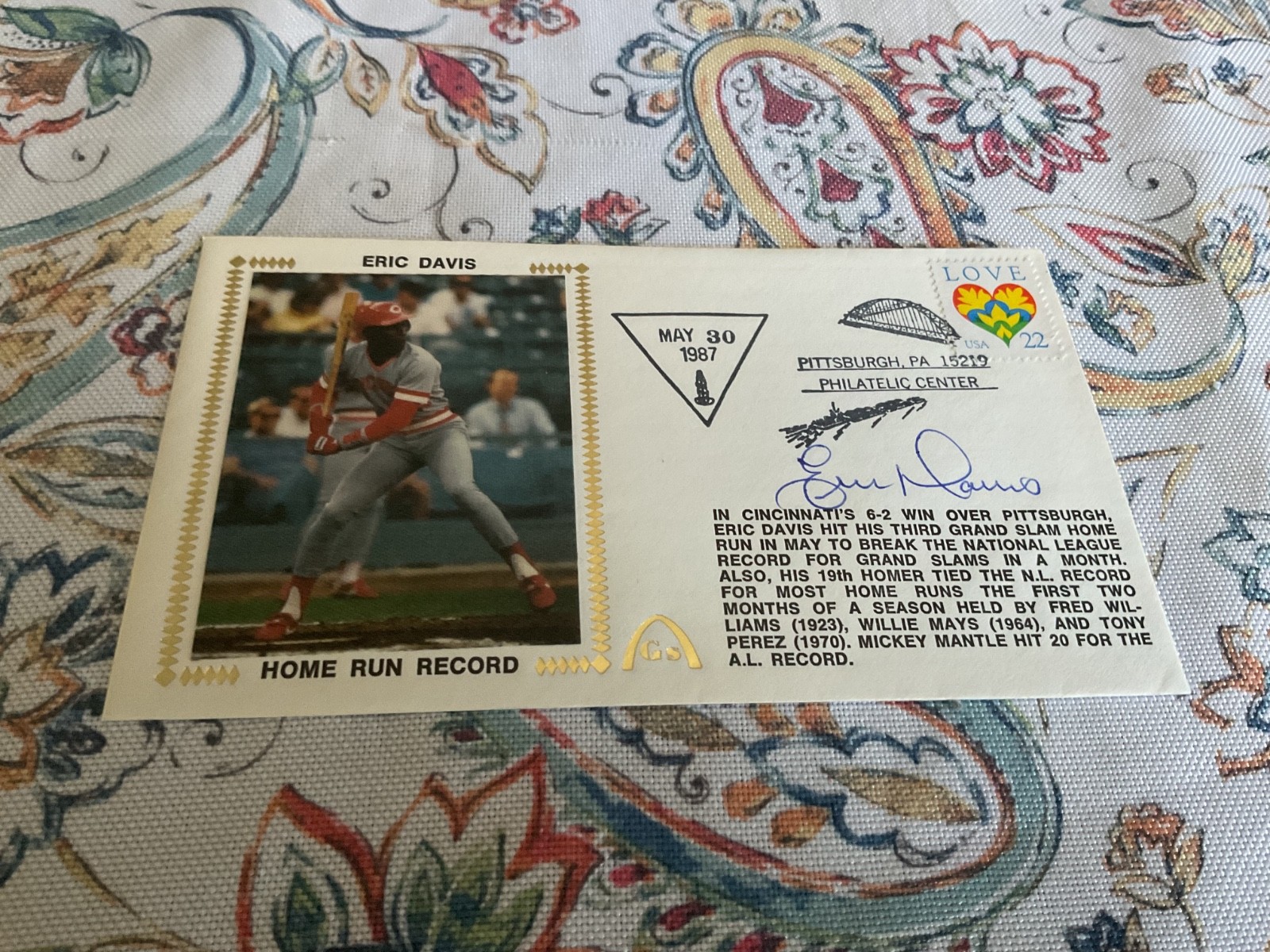 ERIC DAVIS SIGNED 1987 GATEWAY FDC HOME RUN RECORD GRAND SLAMS REDS