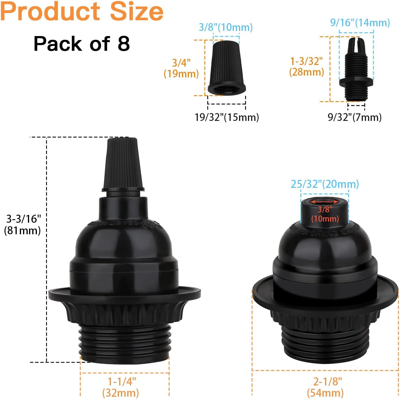 8 Pack E26 E27 Light Sockets Black Medium Screw Base with Shade Ring...