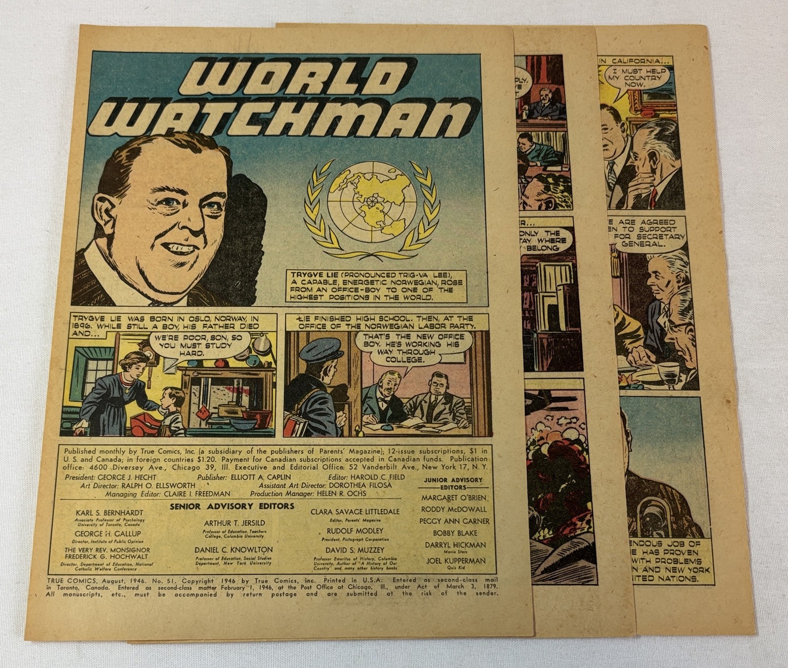 1946 five page cartoon story ~ TRYGVE LIE United Nations ~ World Watchman