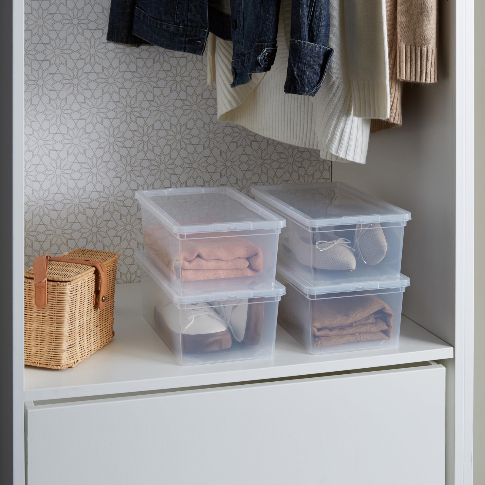6 Pack Clear Storage Bins With Lids 13.23x7.5x4.5 Inch Stackable Nestable