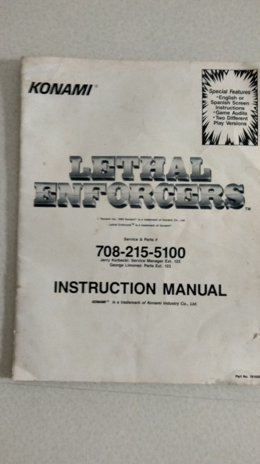 Konami Lethal Enforcers Arcade Game Instruction Manual Original