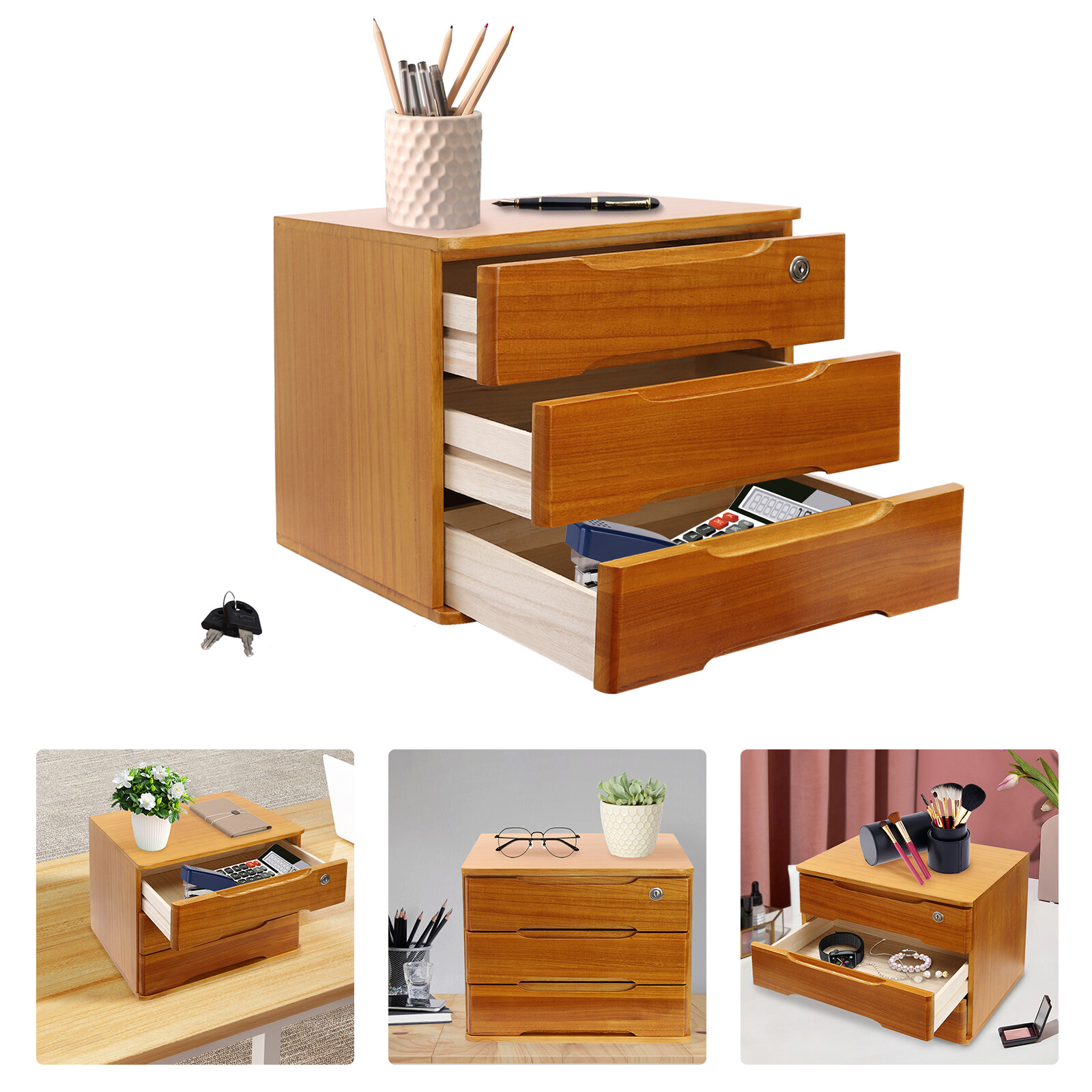 Modern Rectangle 3-Tier Desktop Storage Box Organizer with Lock Filing Cabinet
