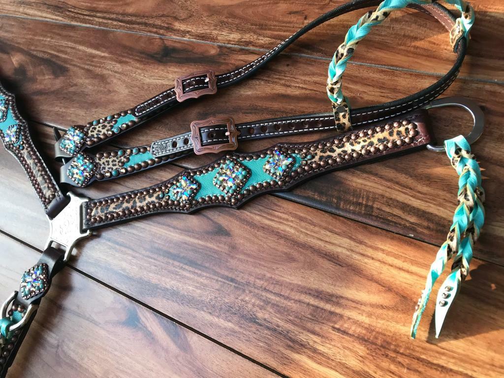 Western Brown Leather Tack set of Headstall & Breast collar with Cheetah Overlay