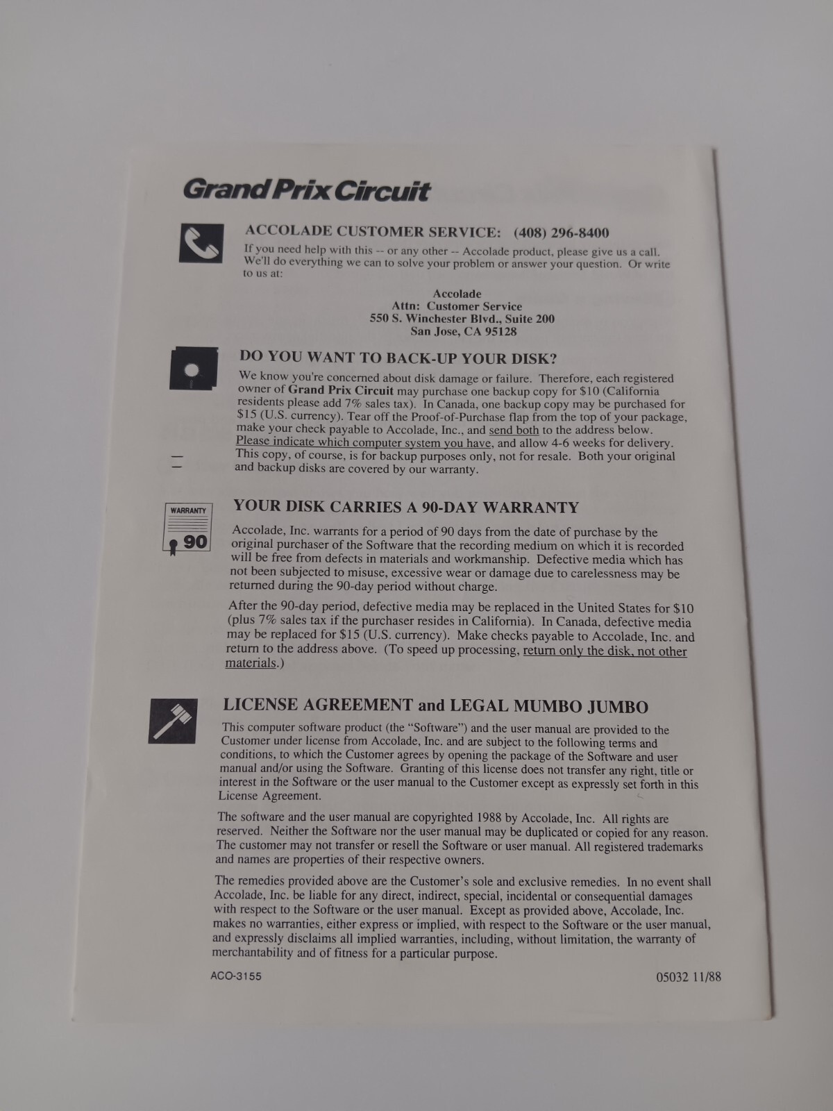 Commodore 64/128 Grand Prix Circuit Users Manual Only Accolade