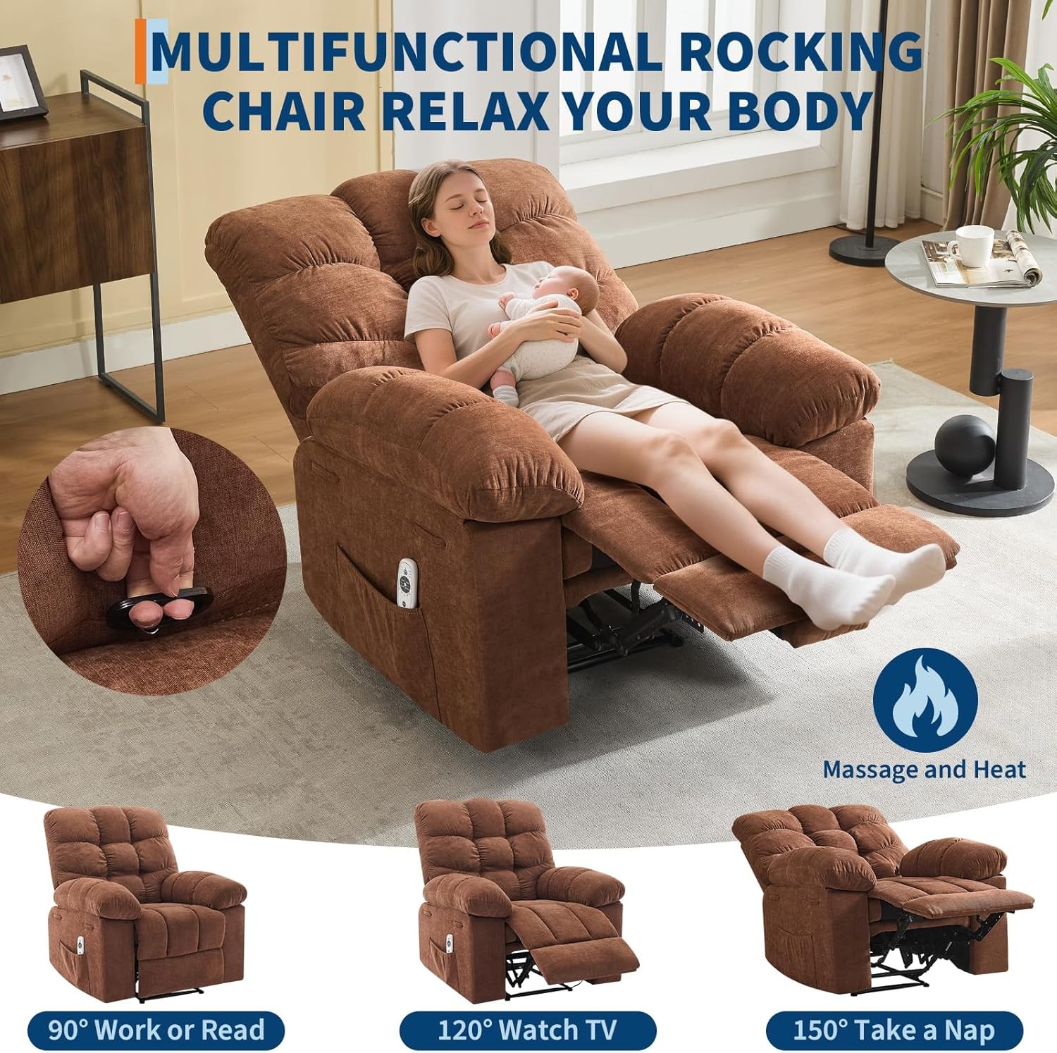 Massage Recliner Chair Rocker Chair Rocker Chair Heat Fabric Reclining Chair NEW