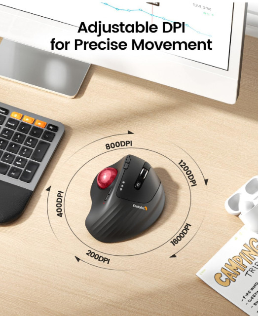 ProtoArc EM01 NL Ergonomic Bluetooth WIFI Trackball Mouse Rollerball Thumb (Red)