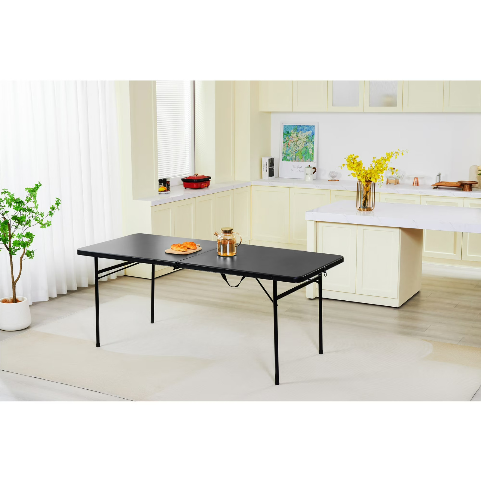 Mainstays 6 Foot Bi-Fold Plastic Folding Table, Black 72" W x 30" D x 29" H